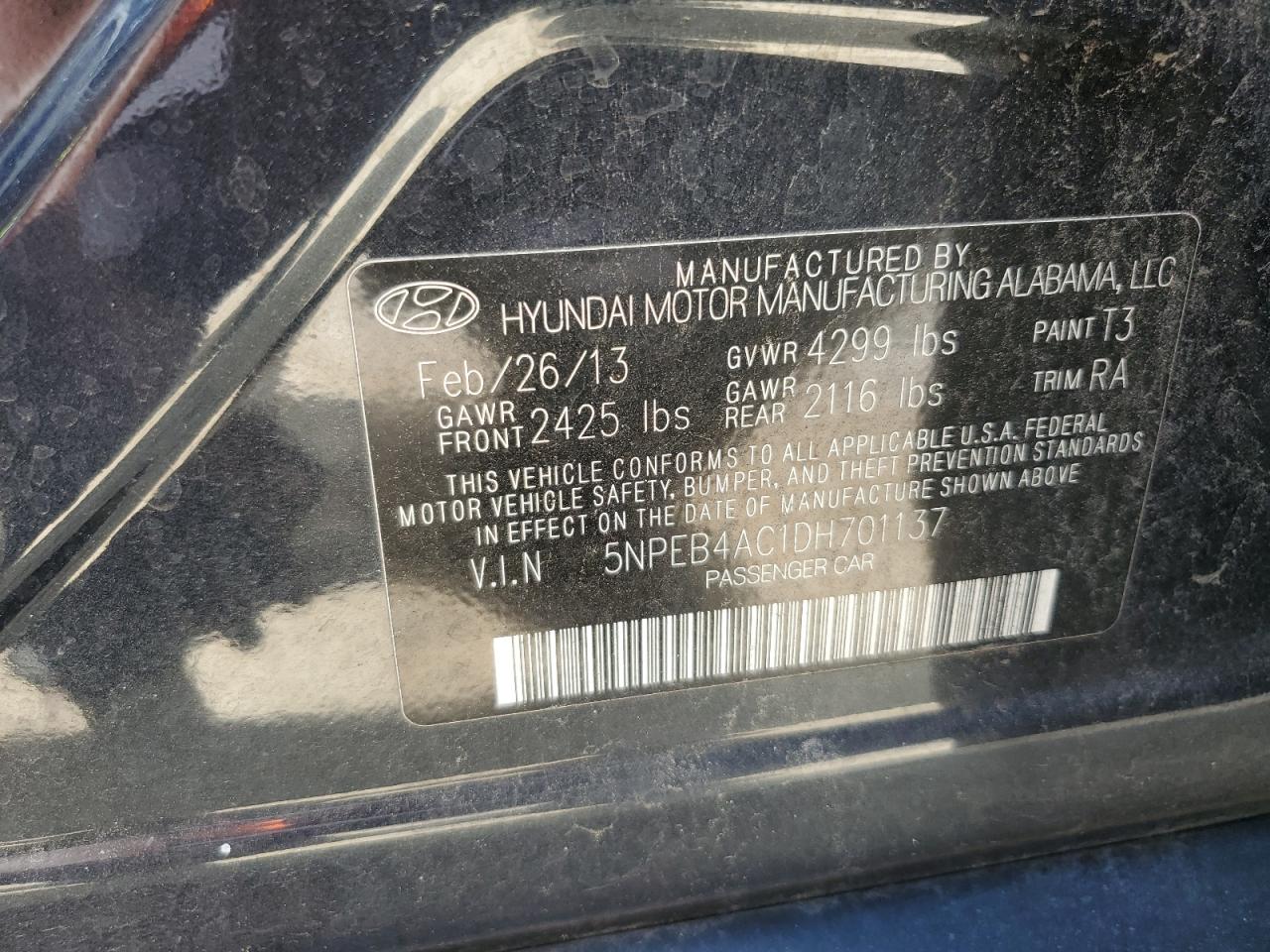 5NPEB4AC1DH701137 2013 Hyundai Sonata Gls