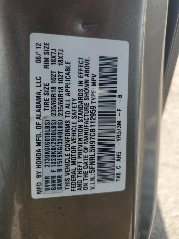 5FNRL5H97CB112959 2012 Honda Odyssey Touring