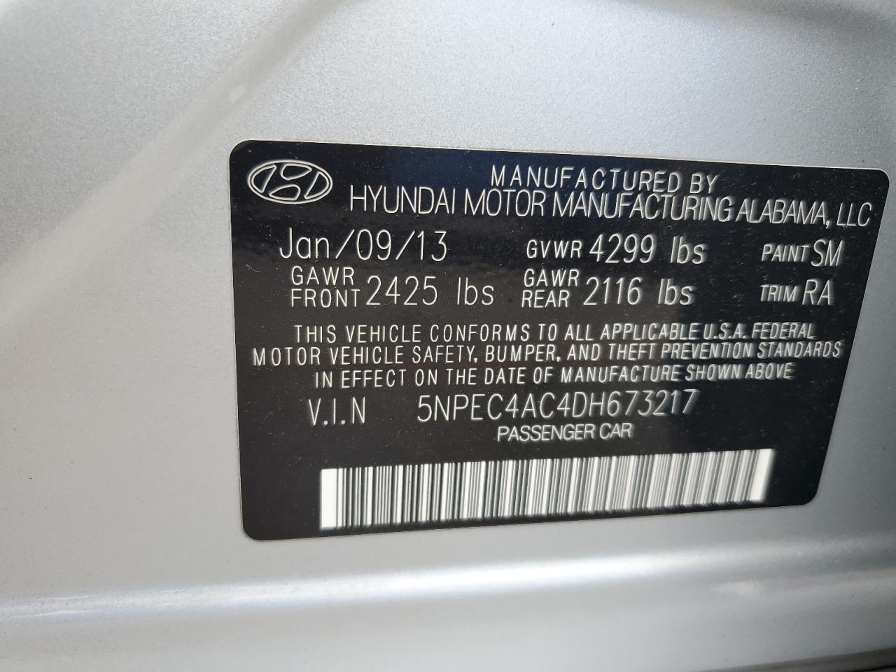 5NPEC4AC4DH673217 2013 Hyundai Sonata Se