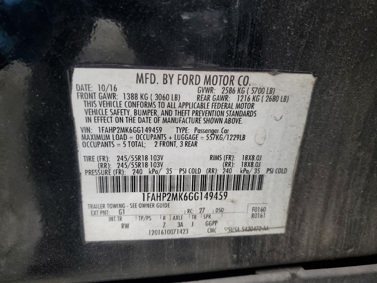 1FAHP2MK6GG149459 2016 Ford Taurus Police Interceptor