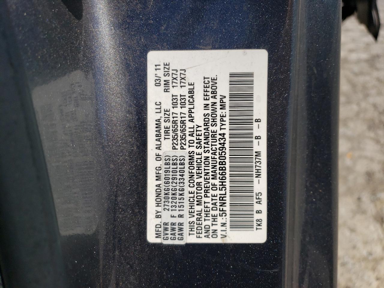 5FNRL5H66BB059434 2011 Honda Odyssey Exl