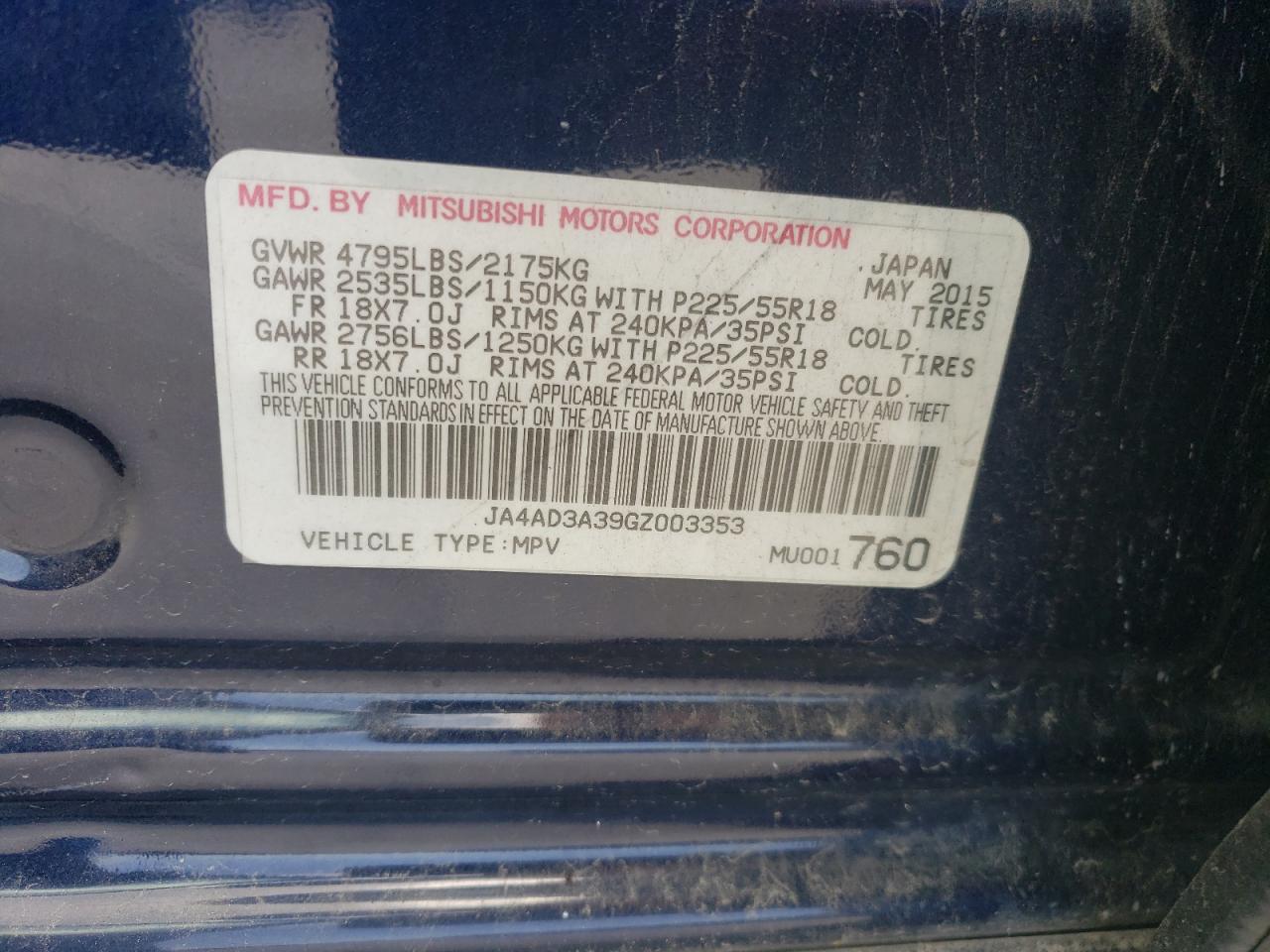 JA4AD3A39GZ003353 2016 Mitsubishi Outlander Se