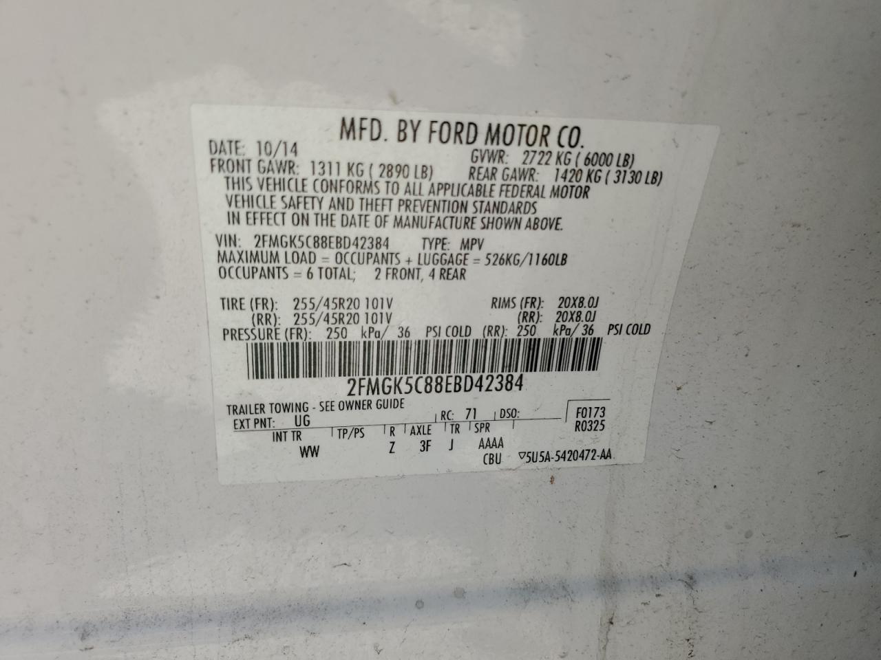 2FMGK5C88EBD42384 2014 Ford Flex Sel
