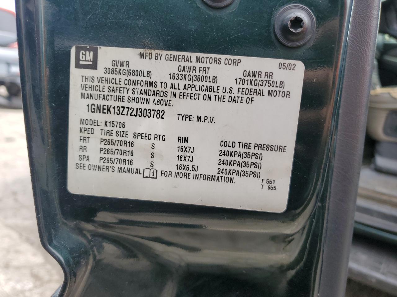 1GNEK13Z72J303782 2002 Chevrolet Tahoe K1500