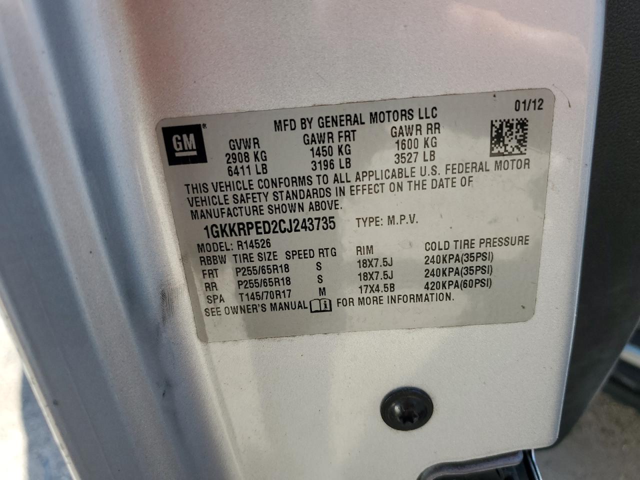 1GKKRPED2CJ243735 2012 GMC Acadia Sle