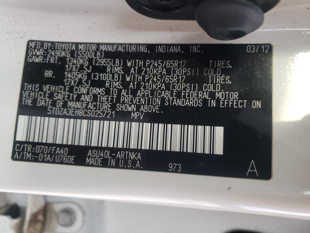 5TDZA3EH8CS025721 2012 Toyota Highlander Base