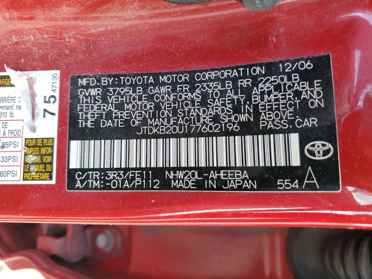 JTDKB20U177602196 2007 Toyota Prius