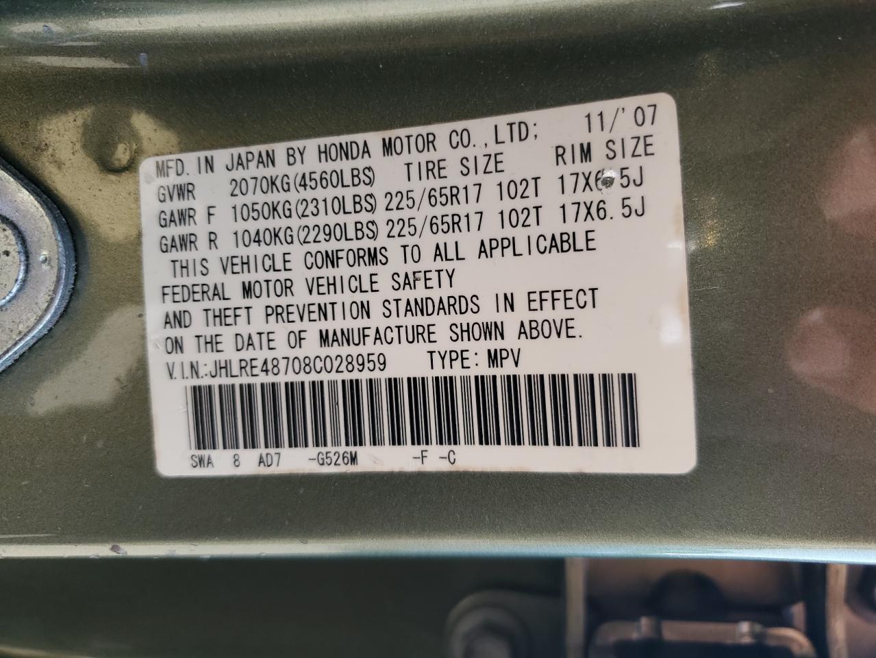 JHLRE48708C028959 2008 Honda Cr-V Exl