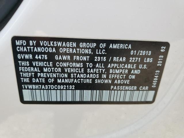 2013 Volkswagen Passat Se VIN: 1VWBH7A37DC092132 Lot: 58856414