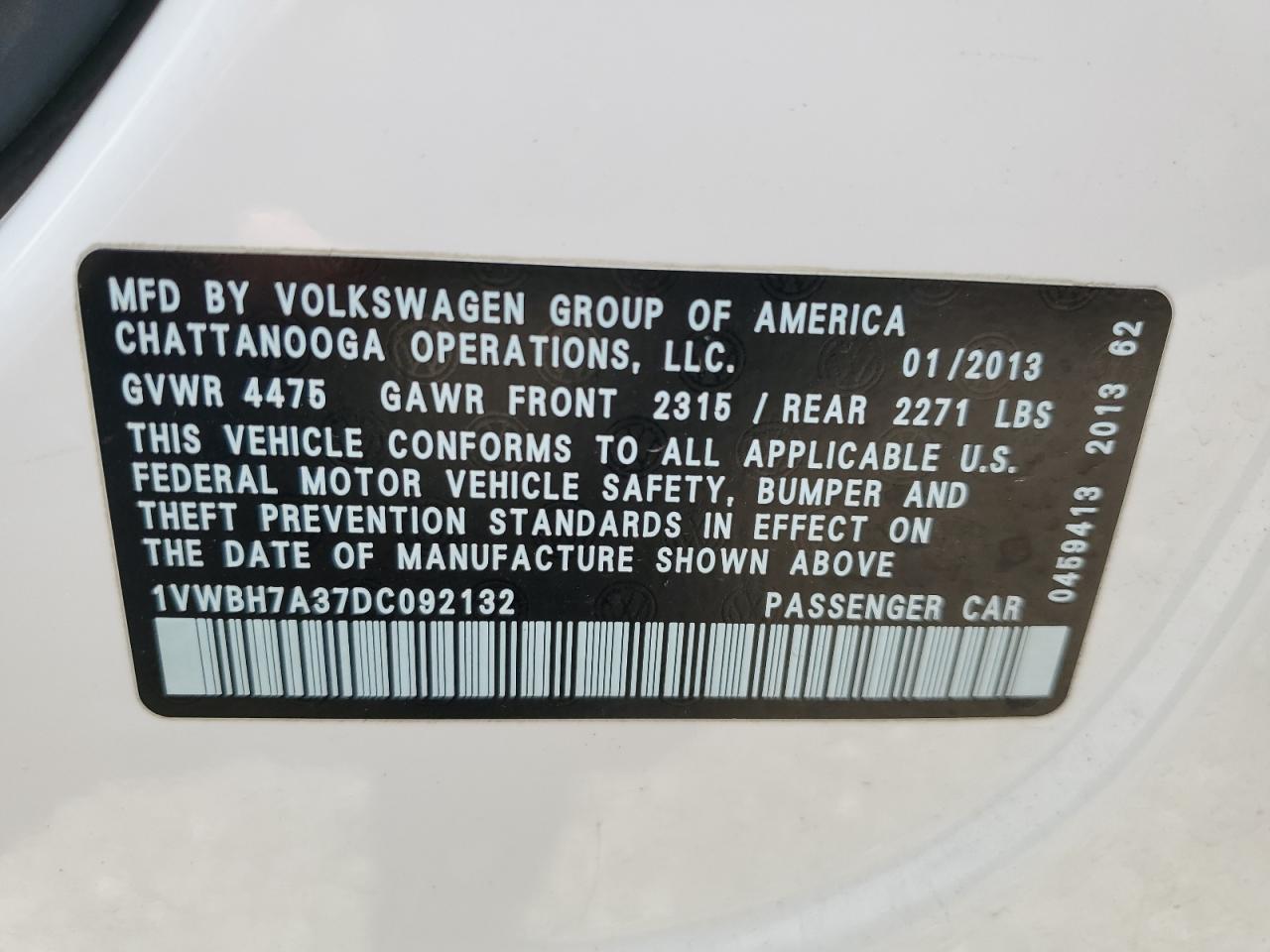 1VWBH7A37DC092132 2013 Volkswagen Passat Se