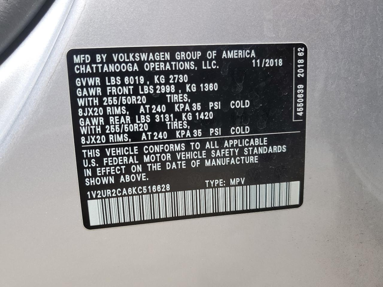 1V2UR2CA6KC516628 2019 Volkswagen Atlas Se