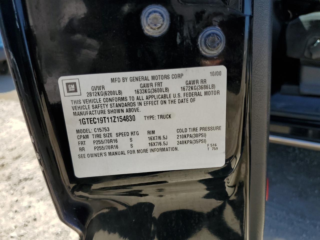 1GTEC19T11Z154830 2001 GMC New Sierra C1500