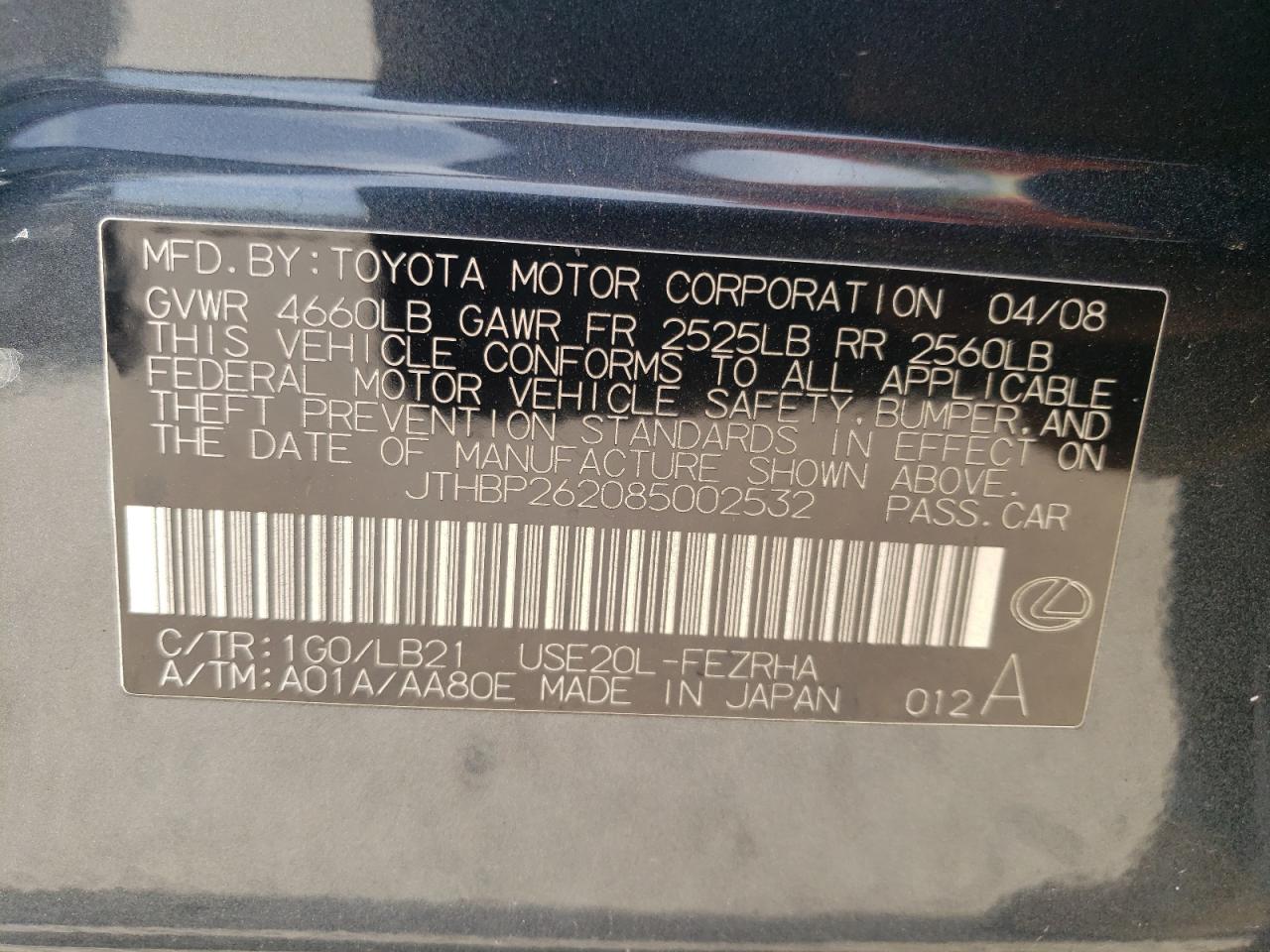 JTHBP262085002532 2008 Lexus Is-F