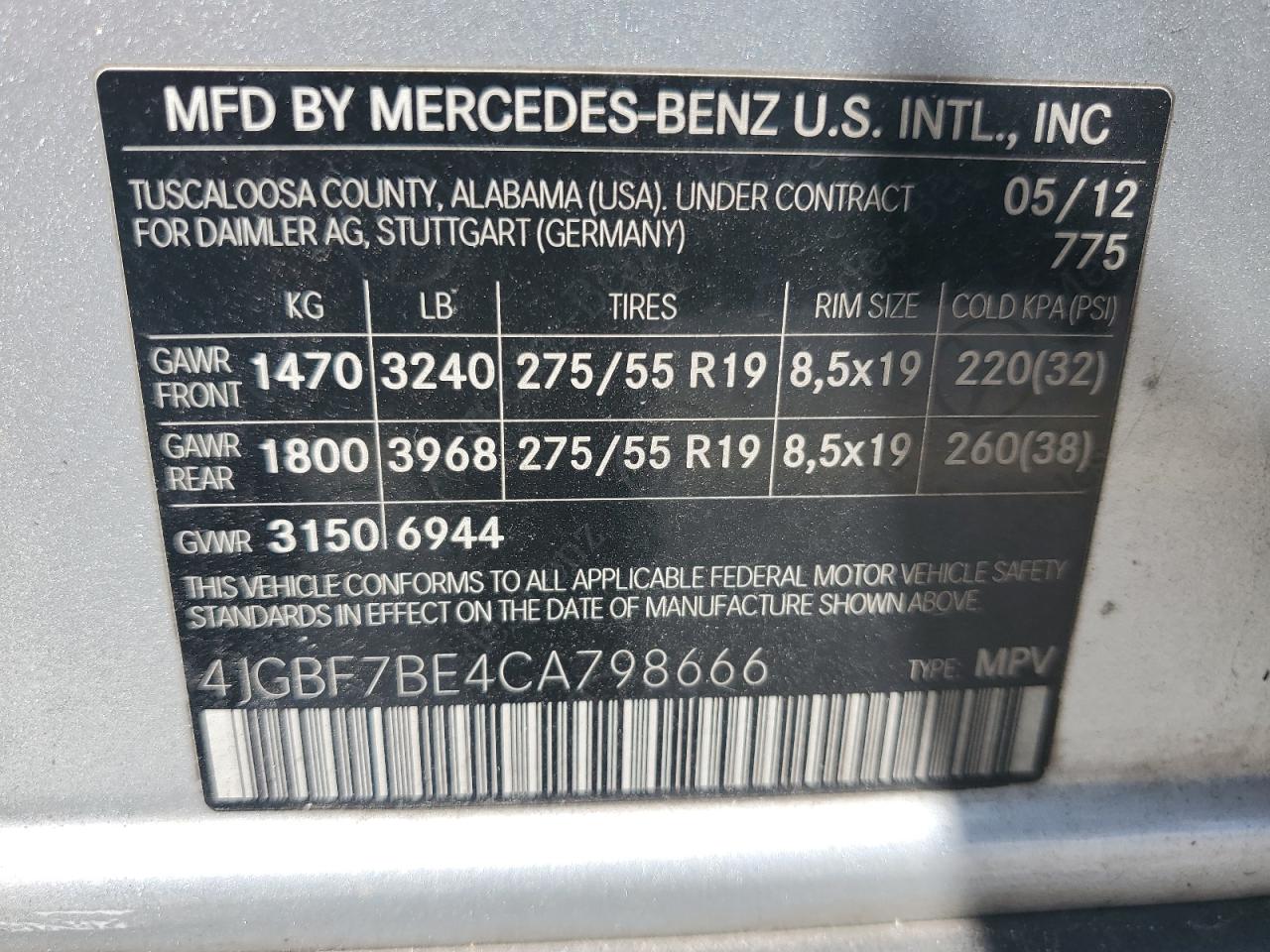 4JGBF7BE4CA798666 2012 Mercedes-Benz Gl 450 4Matic