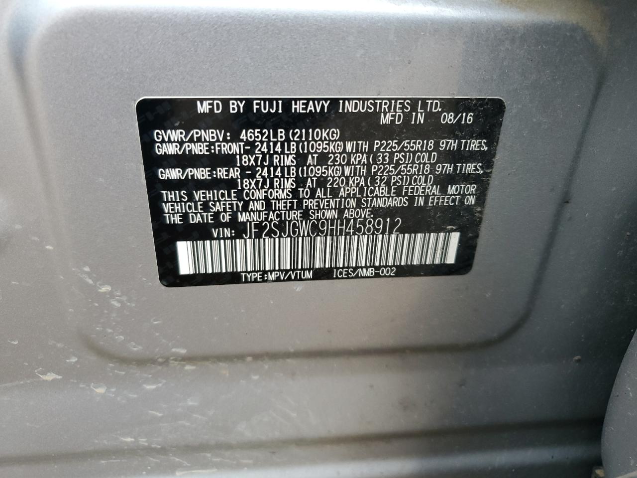 JF2SJGWC9HH458912 2017 Subaru Forester 2.0Xt Touring