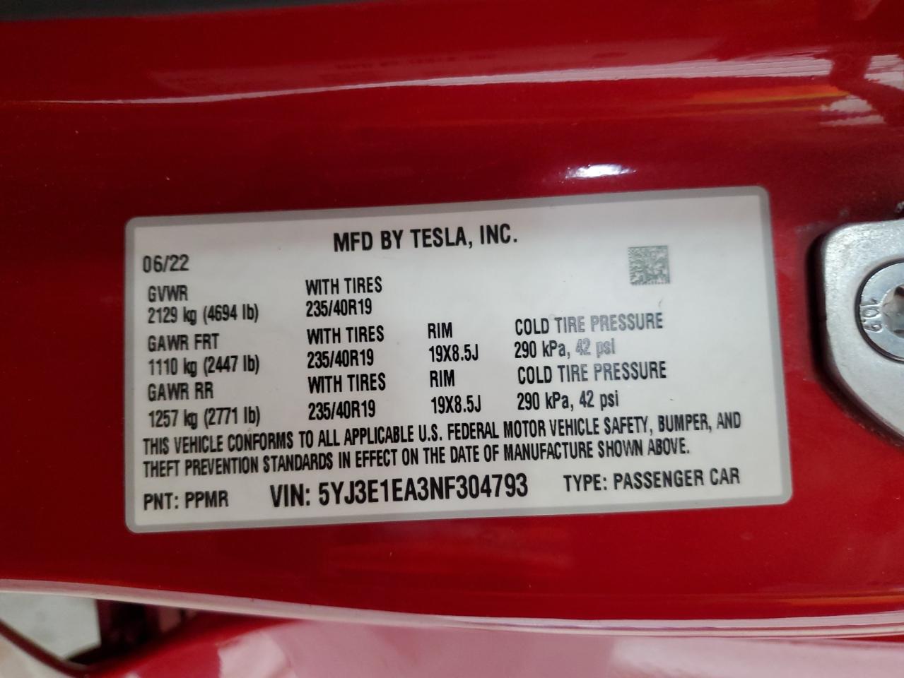 5YJ3E1EA3NF304793 2022 Tesla Model 3