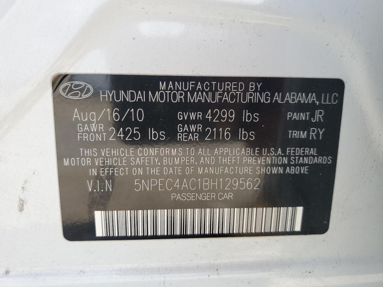 5NPEC4AC1BH129562 2011 Hyundai Sonata Se