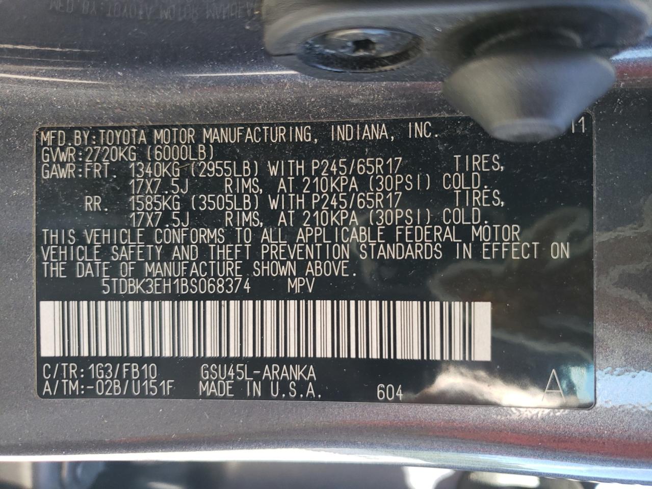 5TDBK3EH1BS068374 2011 Toyota Highlander Base