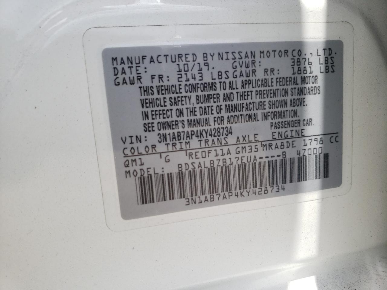 3N1AB7AP4KY428734 2019 Nissan Sentra S