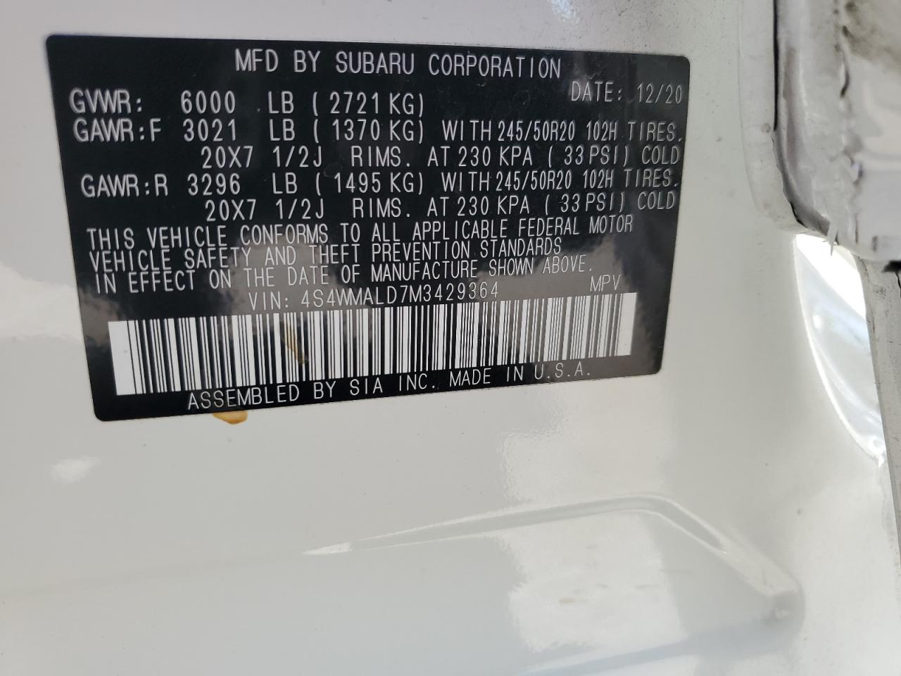 4S4WMALD7M3429364 2021 Subaru Ascent Limited