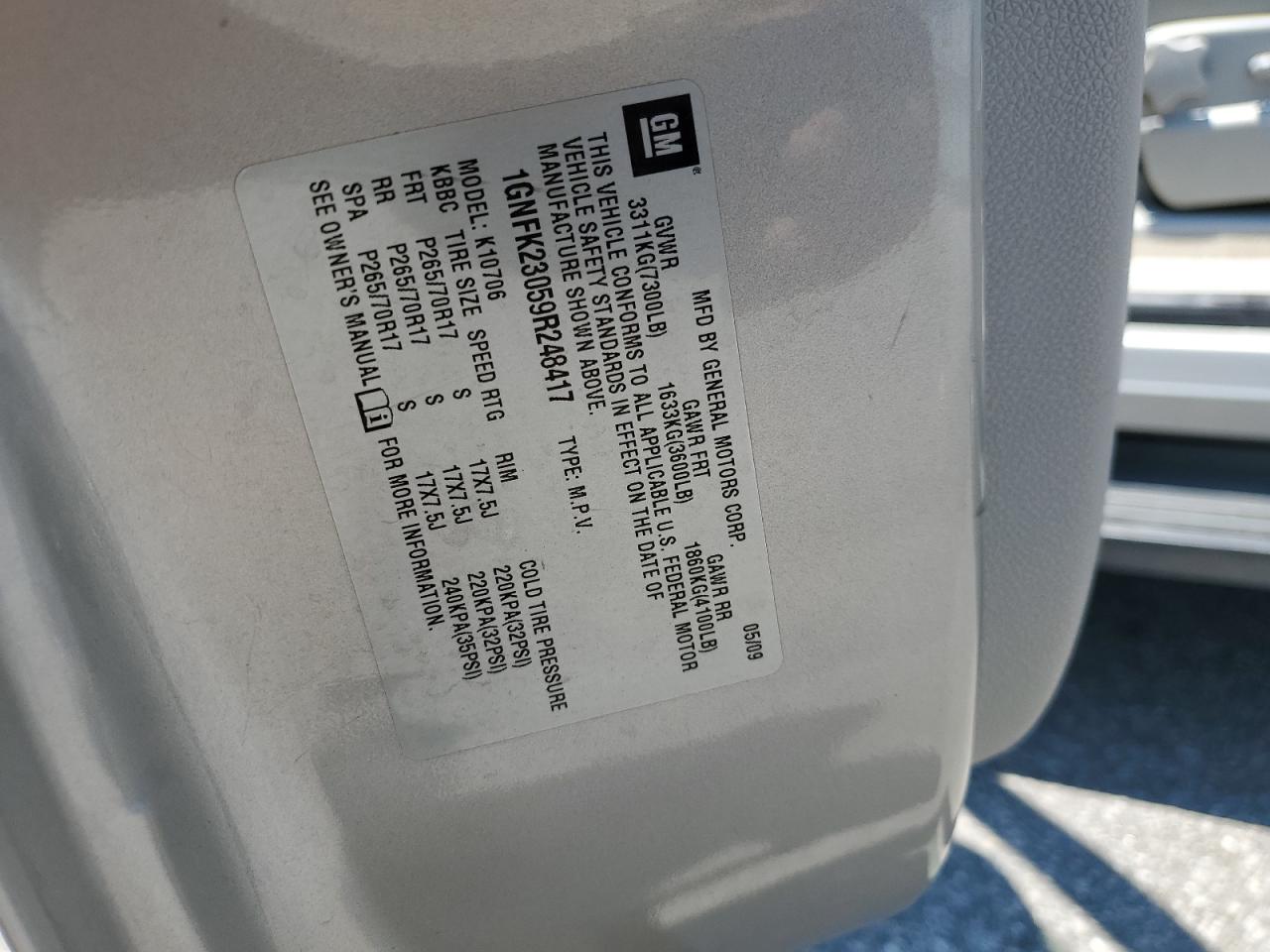 1GNFK23059R248417 2009 Chevrolet Tahoe K1500 Lt