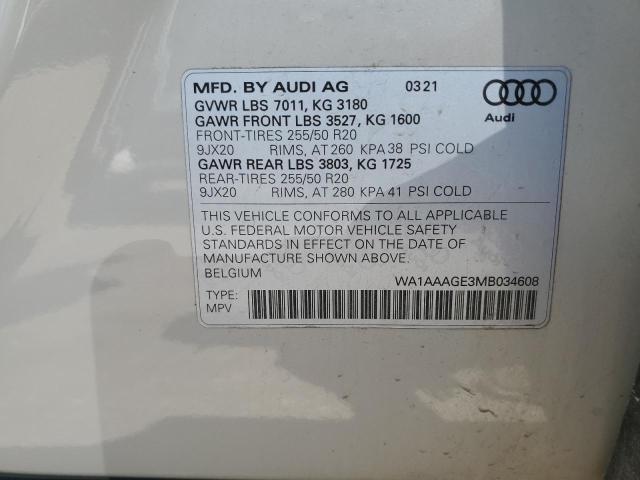 2021 Audi E-Tron Premium VIN: WA1AAAGE3MB034608 Lot: 57046964