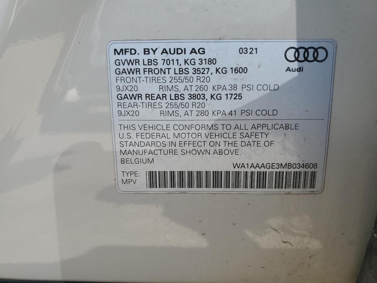 WA1AAAGE3MB034608 2021 Audi E-Tron Premium