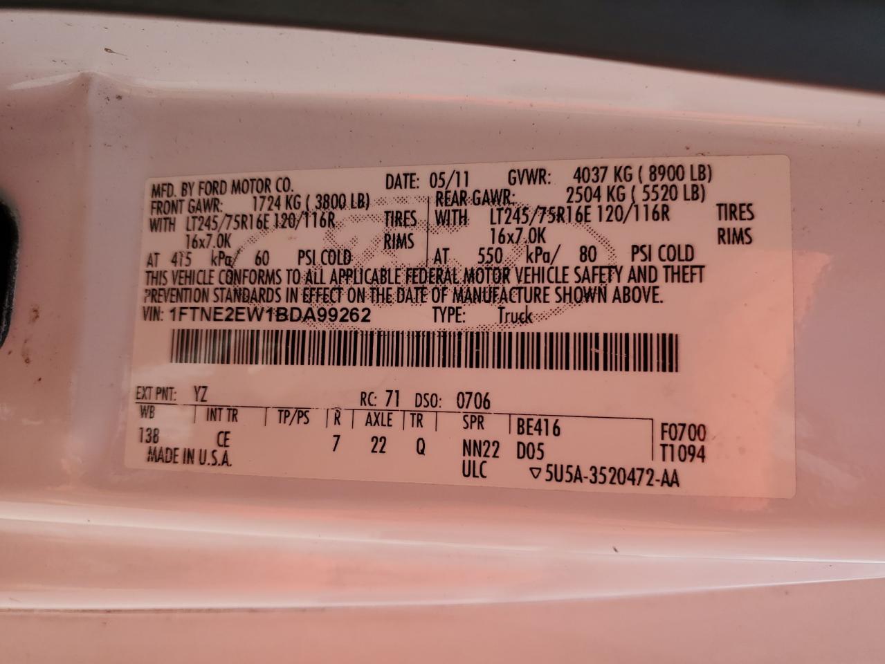 1FTNE2EW1BDA99262 2011 Ford Econoline E250 Van