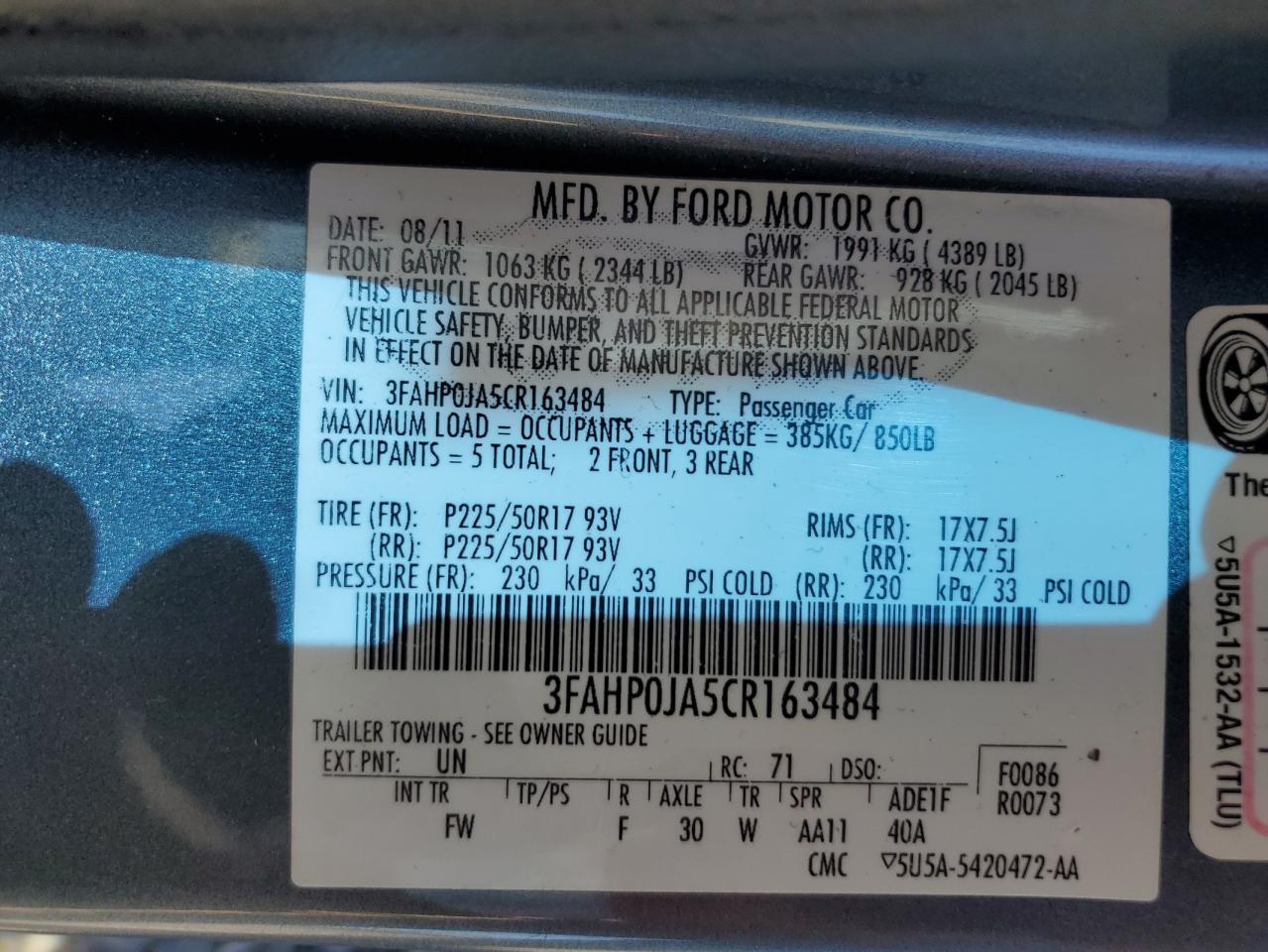 3FAHP0JA5CR163484 2012 Ford Fusion Sel