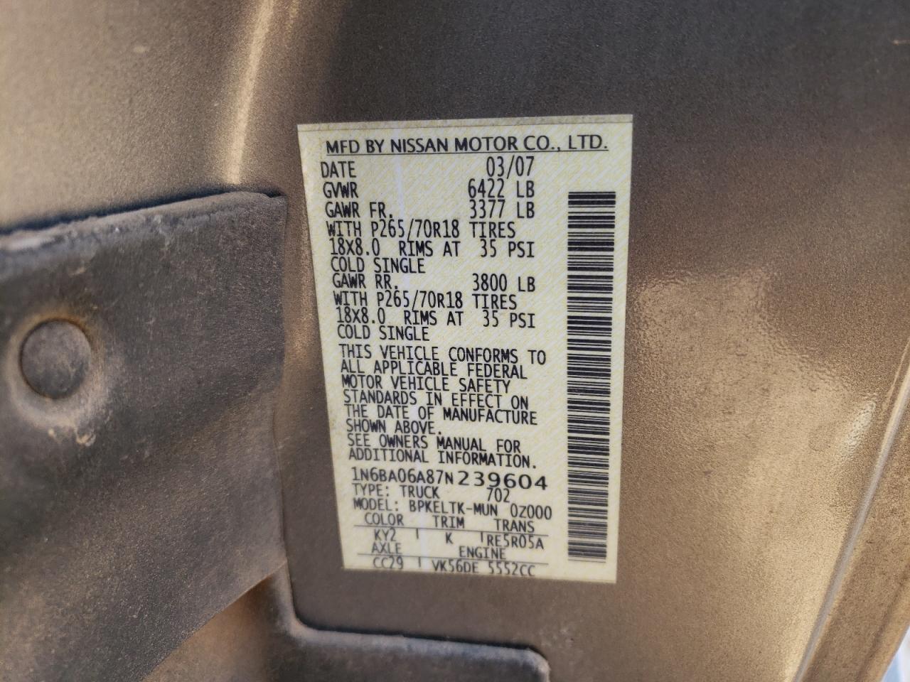 1N6BA06A87N239604 2007 Nissan Titan Xe