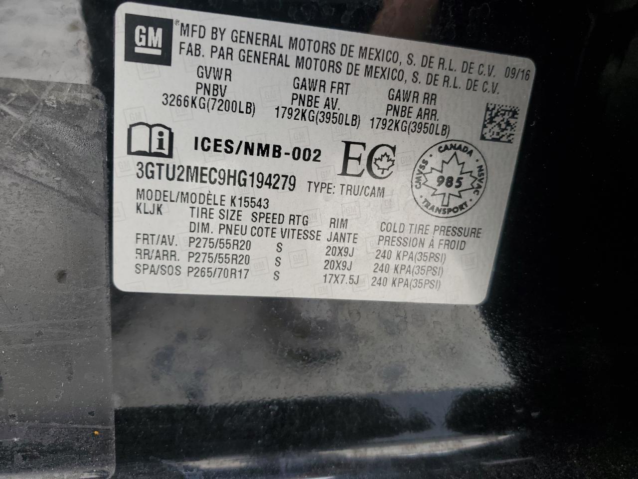 3GTU2MEC9HG194279 2017 GMC Sierra K1500 Sle