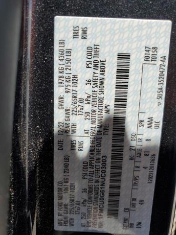 2022 Ford Escape Se VIN: 1FMCU0G61NUC03003 Lot: 60283274