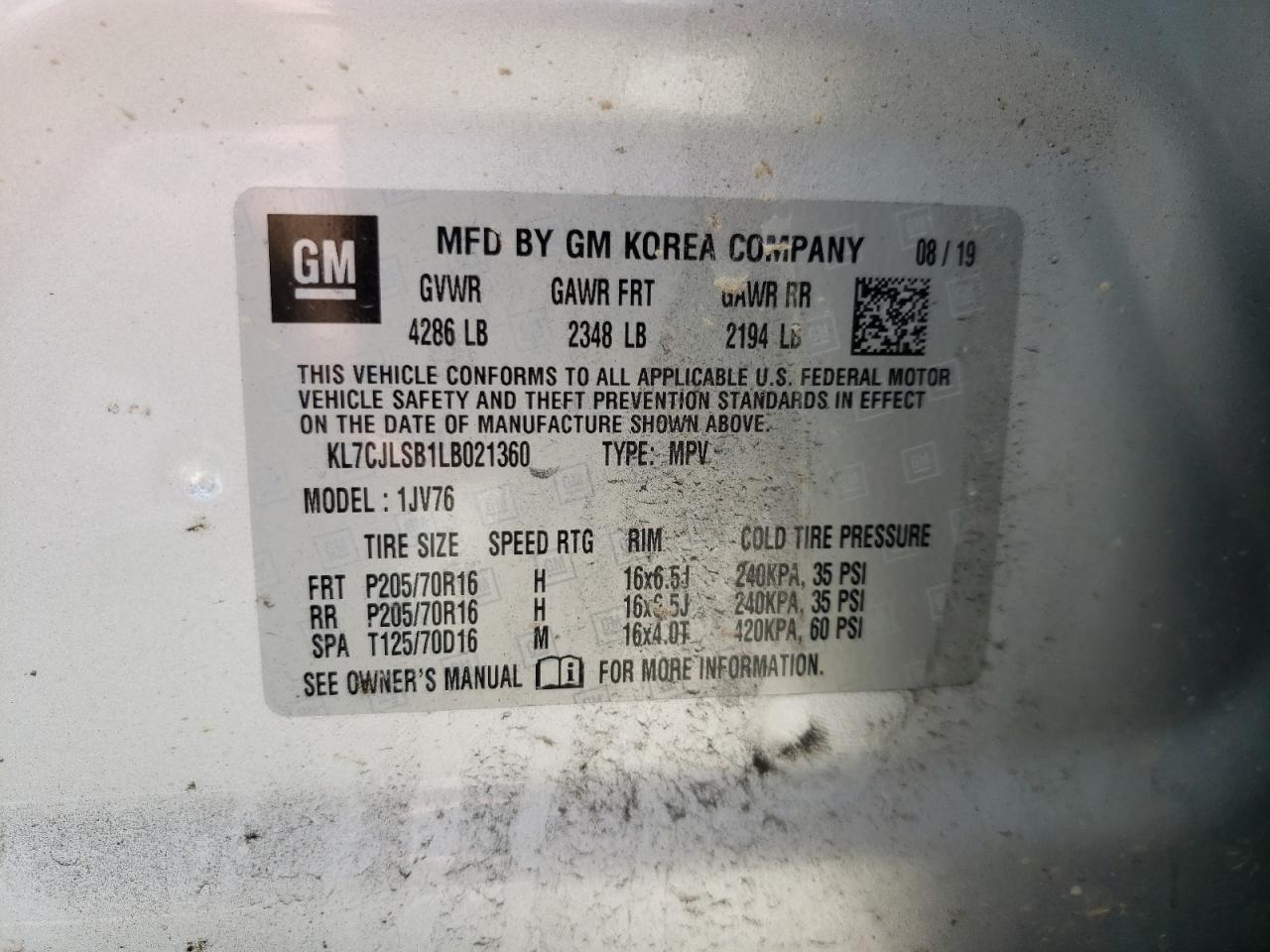 KL7CJLSB1LB021360 2020 Chevrolet Trax 1Lt