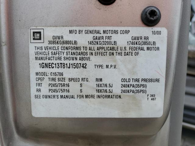 2001 Chevrolet Tahoe C1500 VIN: 1GNEC13T81J150742 Lot: 59406154