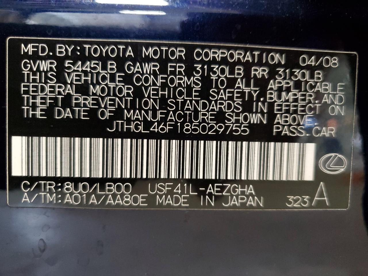 JTHGL46F185029755 2008 Lexus Ls 460L