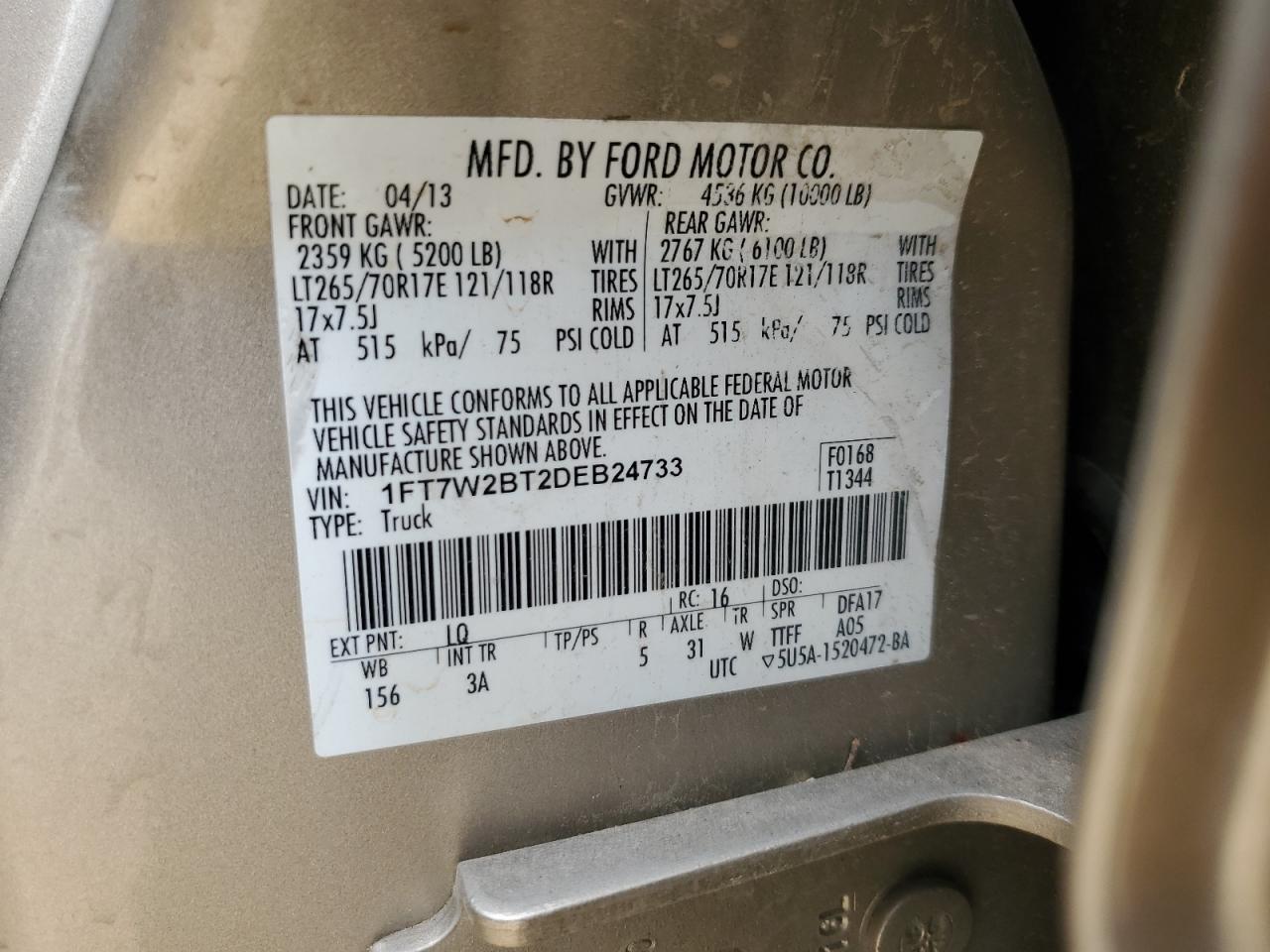 2013 Ford F250 Super Duty vin: 1FT7W2BT2DEB24733