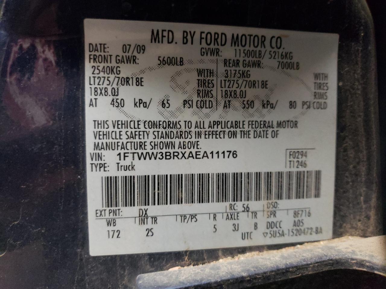 1FTWW3BRXAEA11176 2010 Ford F350 Super Duty