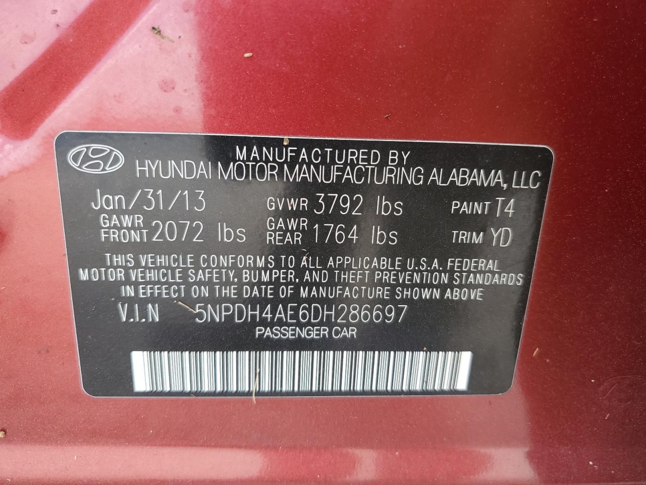 5NPDH4AE6DH286697 2013 Hyundai Elantra Gls