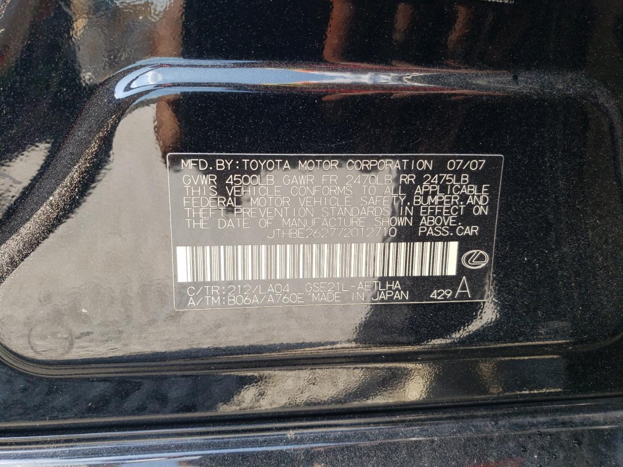 JTHBE262772012710 2007 Lexus Is 350