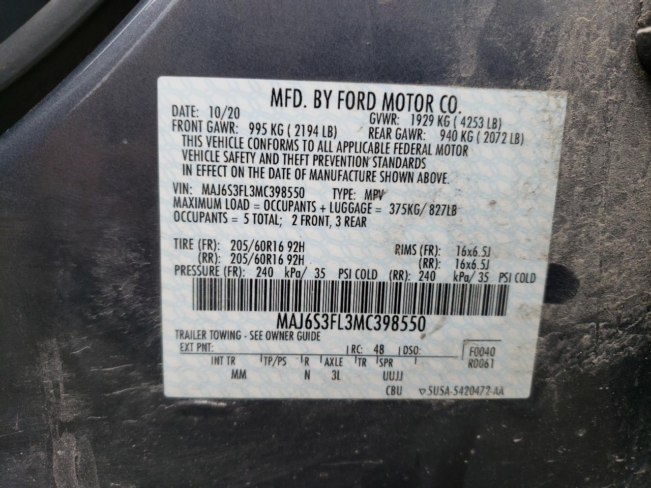 MAJ6S3FL3MC398550 2021 Ford Ecosport S