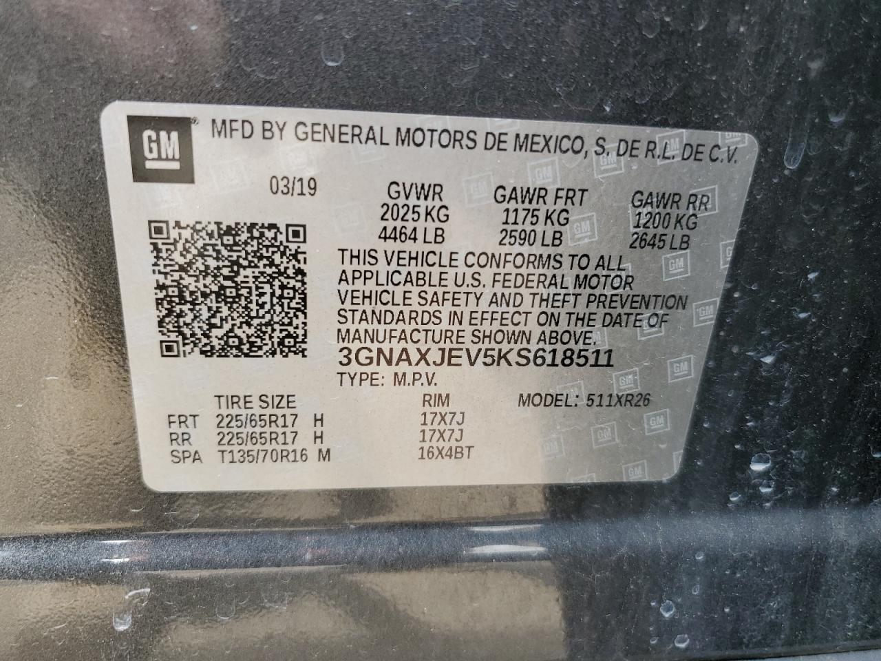 3GNAXJEV5KS618511 2019 Chevrolet Equinox Lt