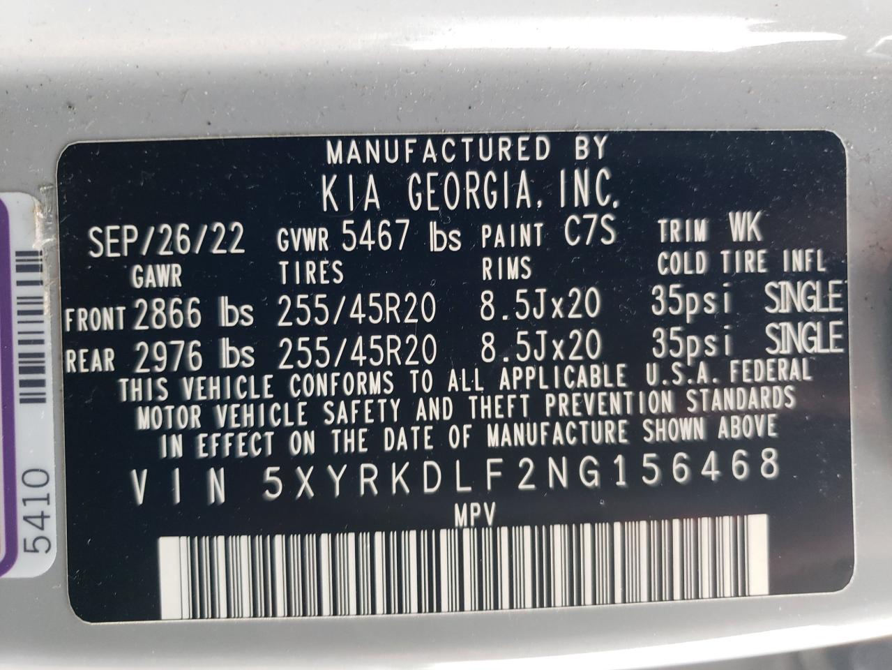 5XYRKDLF2NG156468 2022 Kia Sorento Sx