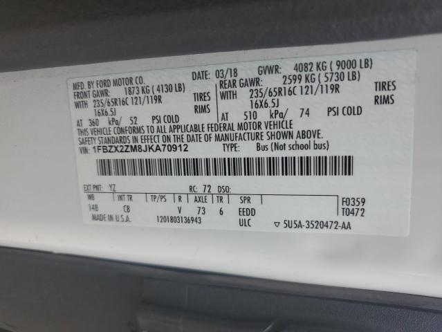 2018 Ford Transit T-350 VIN: 1FBZX2ZM8JKA70912 Lot: 59980434