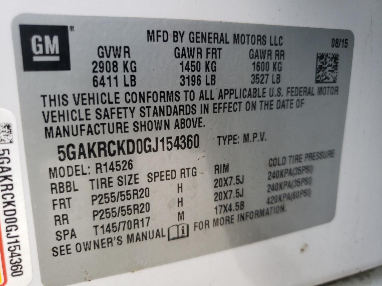 5GAKRCKD0GJ154360 2016 Buick Enclave