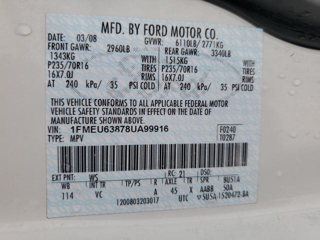 2008 Ford Explorer Xlt VIN: 1FMEU63878UA99916 Lot: 58466464