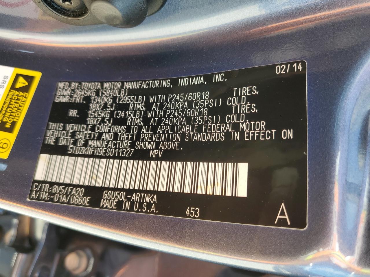 5TDZKRFH9ES011327 2014 Toyota Highlander Le