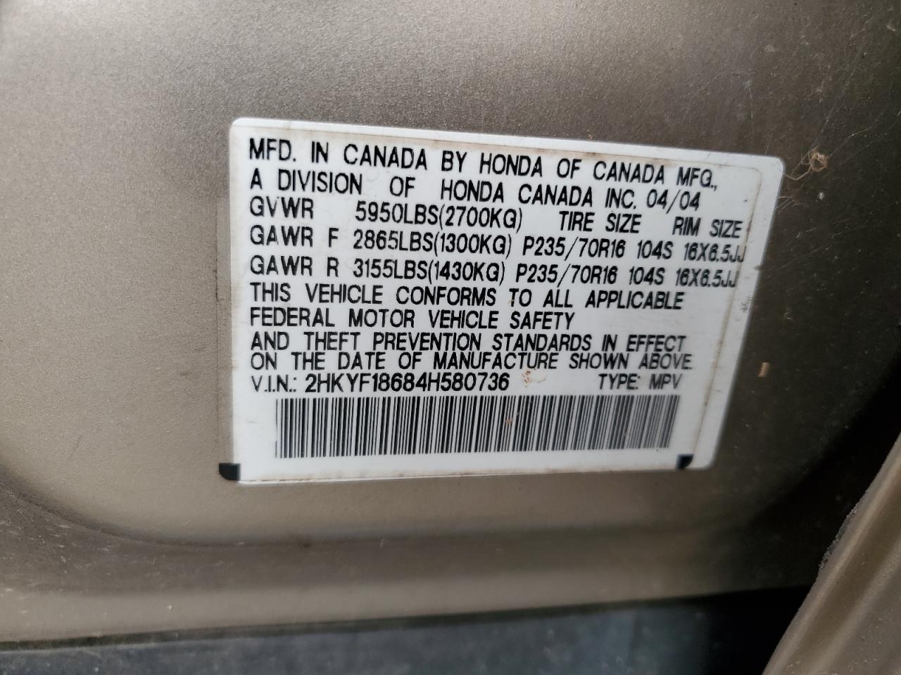 2HKYF18684H580736 2004 Honda Pilot Exl