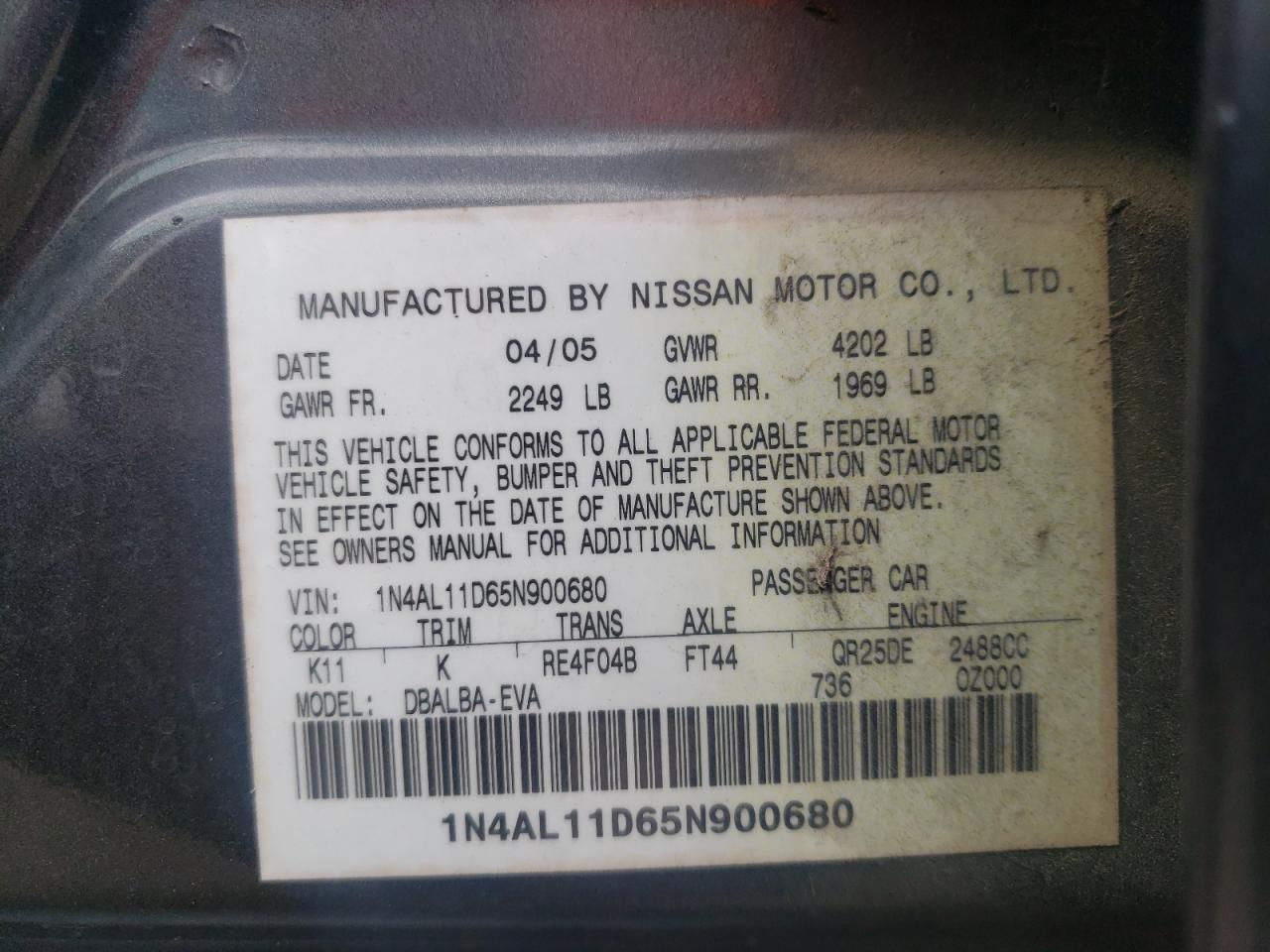 1N4AL11D65N900680 2005 Nissan Altima S