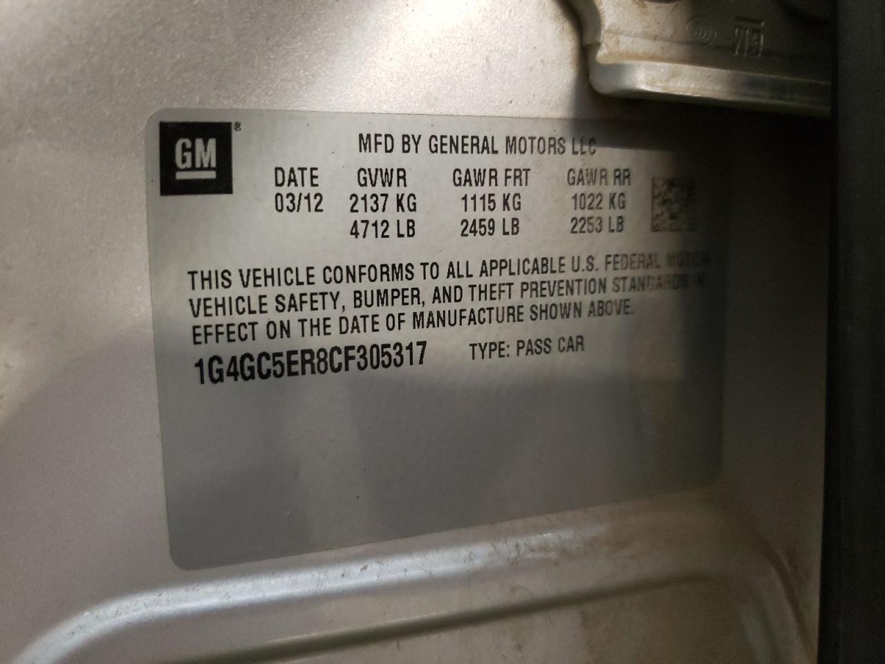 1G4GC5ER8CF305317 2012 Buick Lacrosse