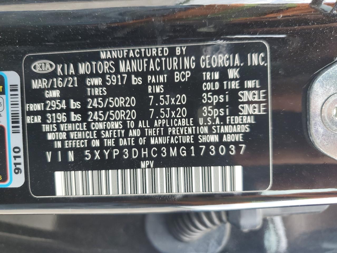 5XYP3DHC3MG173037 2021 Kia Telluride Ex